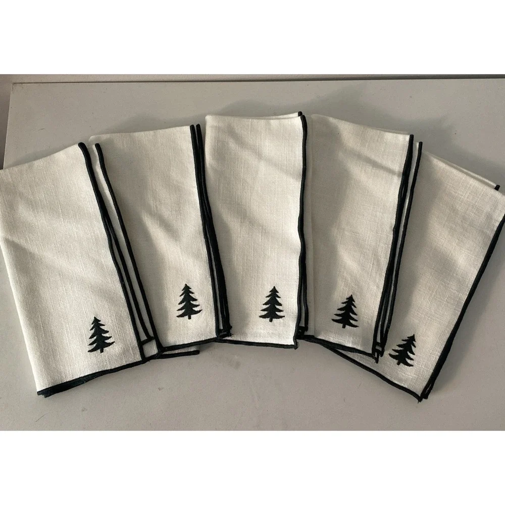 Set of 5 Crate & Barrel Merrow-Stitch White Green Stripe Napkin Embroidered Tree